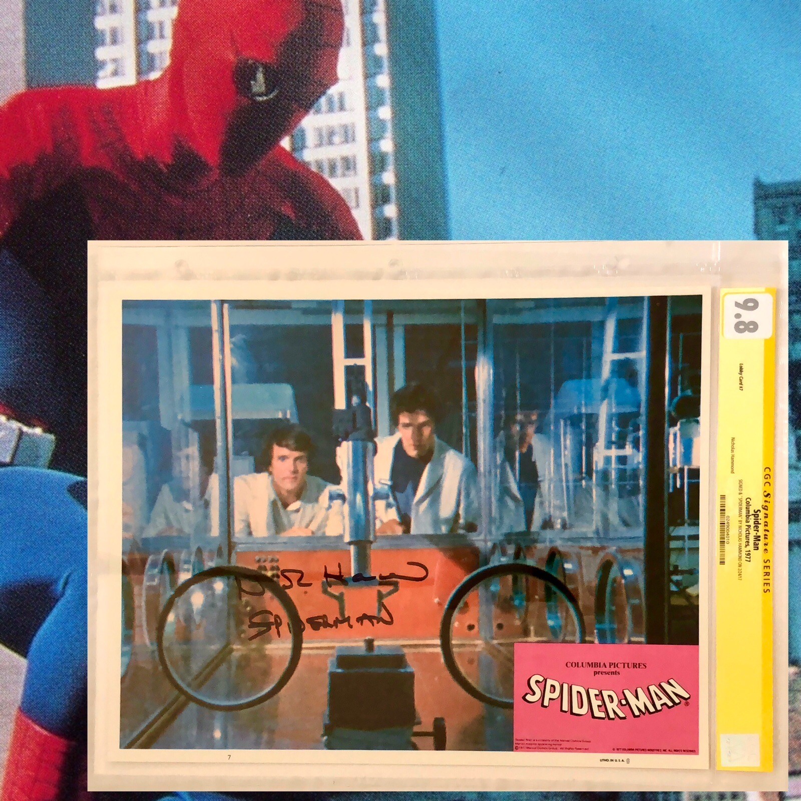CGC 9.8 SS Spider-Man Lobby Card #7 signed by Nicholas Hammond 11×14 1977 pilot