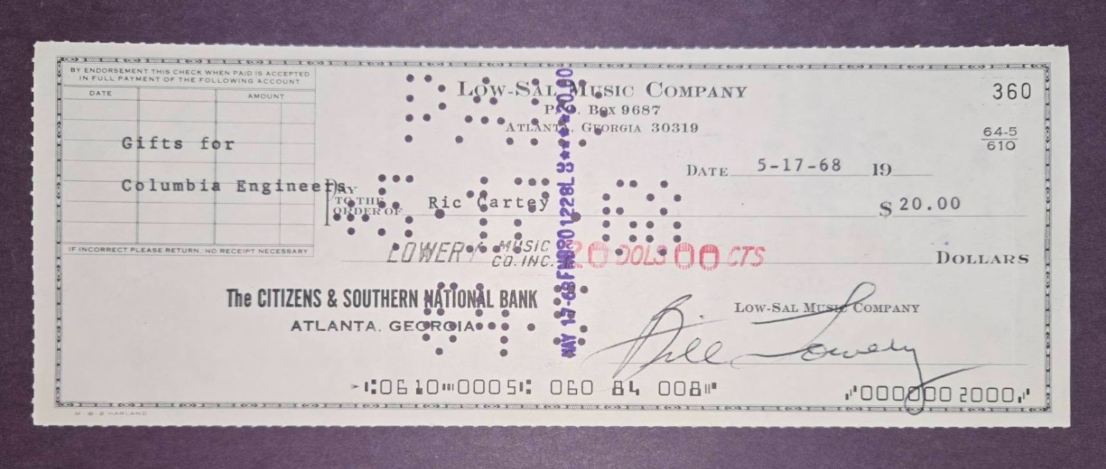 1968 Low-Sal Music Comp Cancelled Check to Rockabilly Legend Ric Cartey SIGNED!