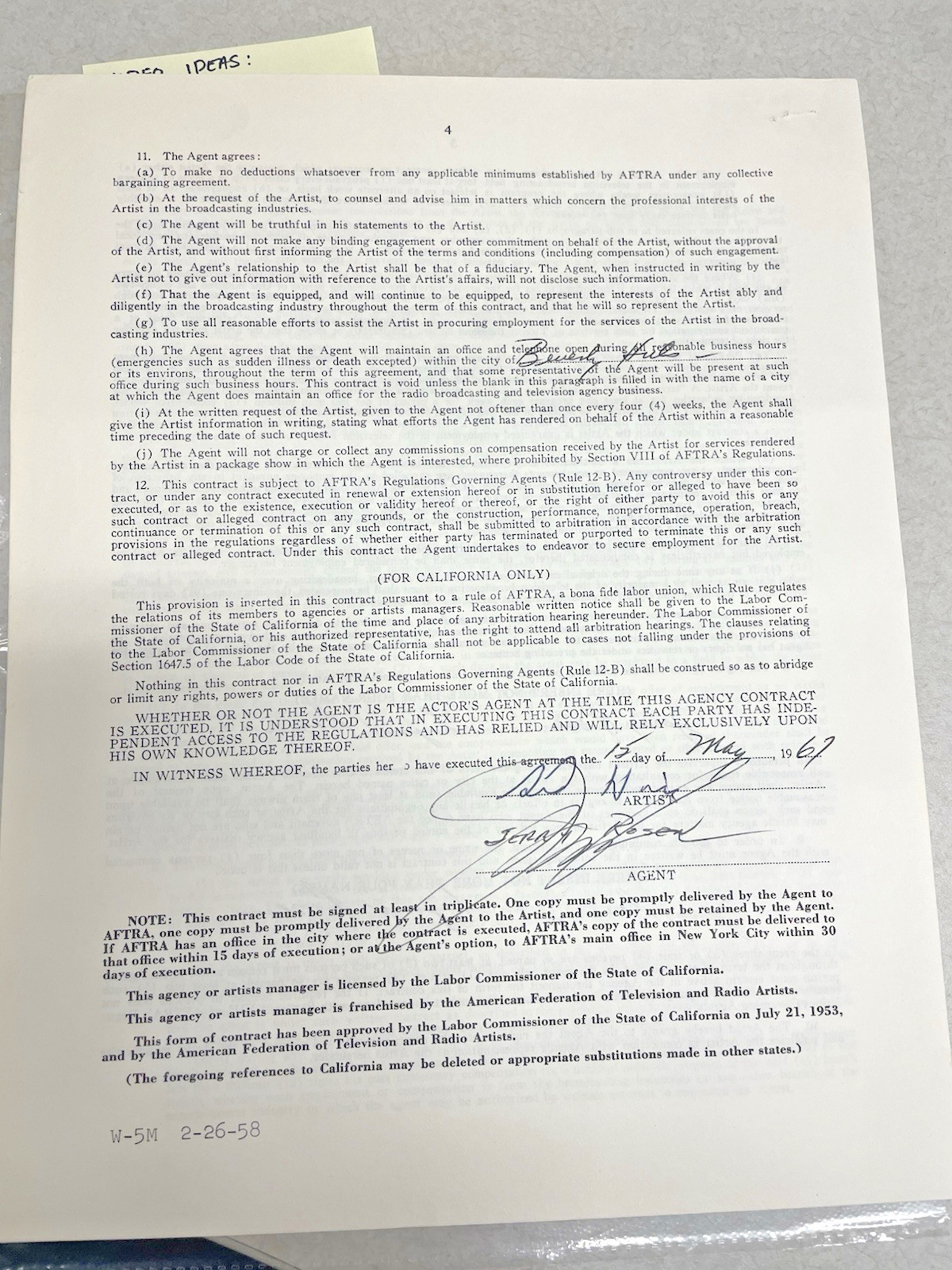 Original 1967 Sid Haig Signed American Federation of TV & Radio Artists Contract