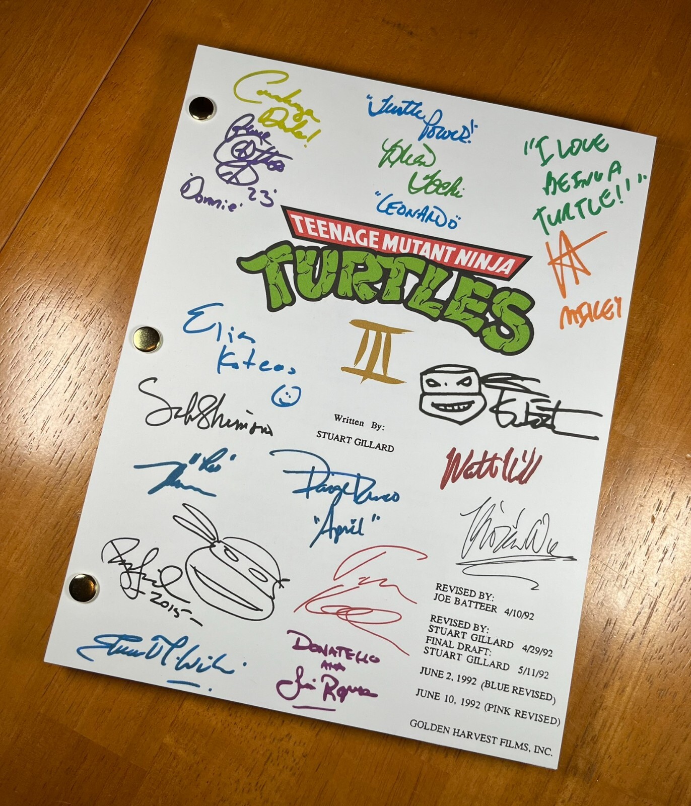 Teenage Mutant Ninja Turtles III Script Signed- Autograph Reprints 114 Pgs- TMNT