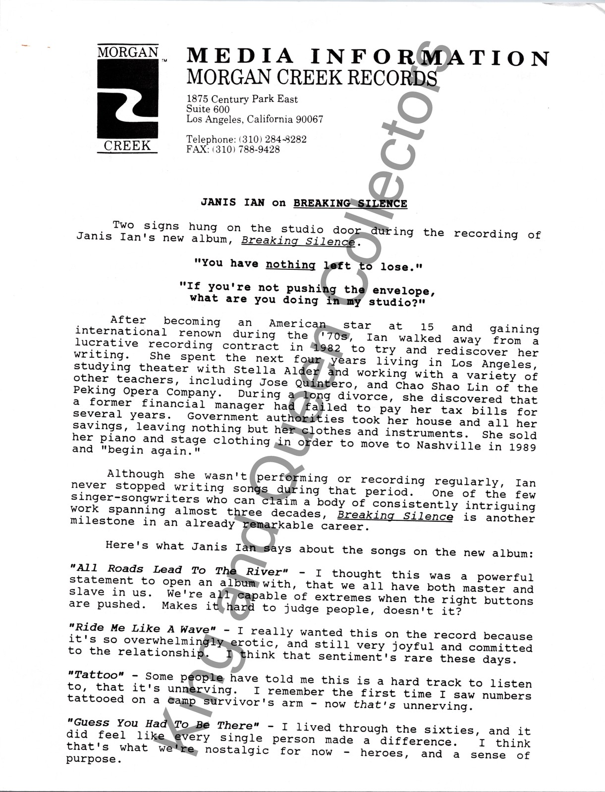 Janis Ian Original Morgan Creek Records Press Kit Album Information Sheet