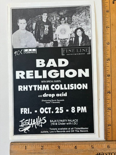 ORIG 1990s Punk HC Flyer BAD RELIGION Iguanas Tijuana Mexico 1991 Hand Bill