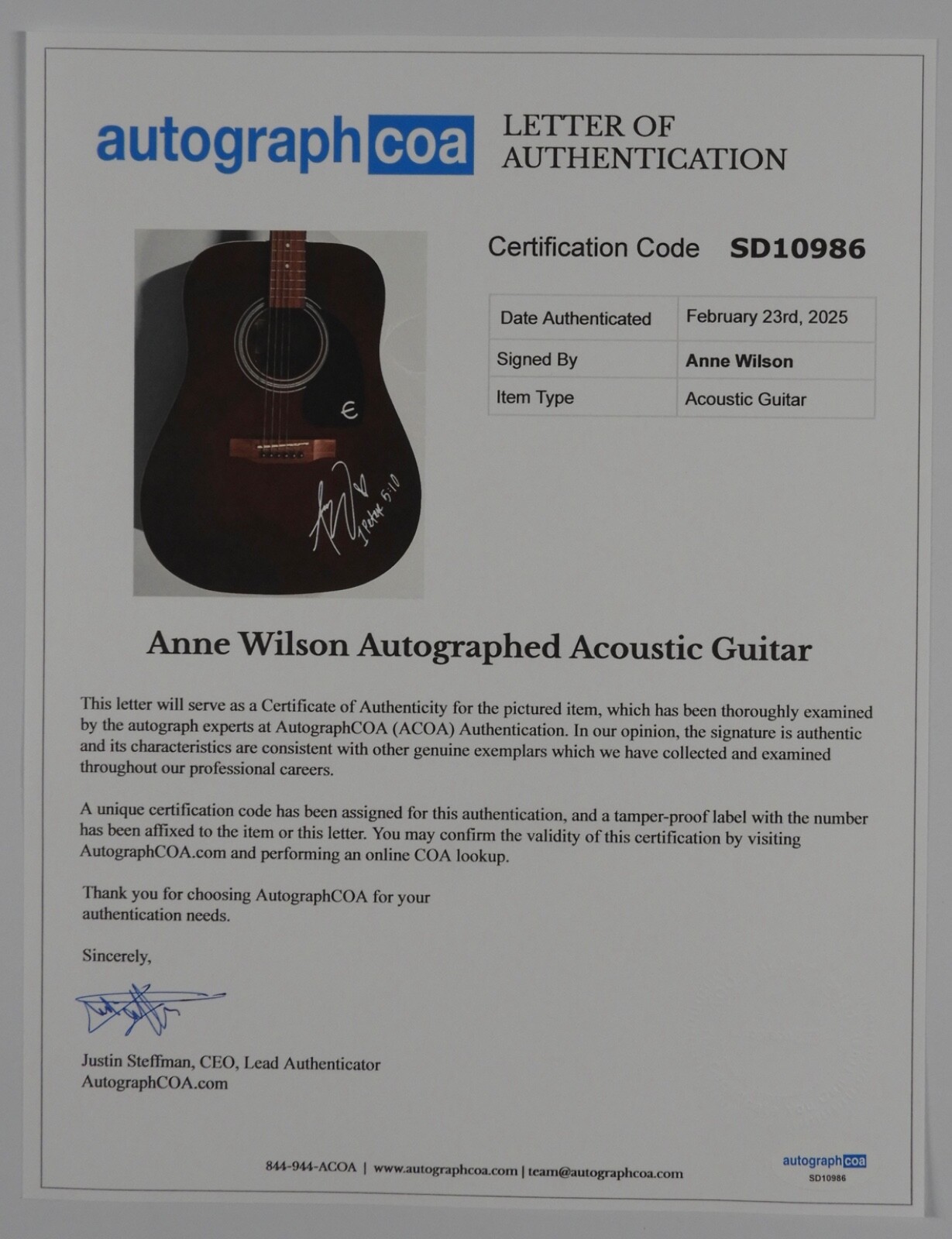 Anne Wilson ACOA Signed Autograph Acoustic Epiphone Guitar 100% Charity