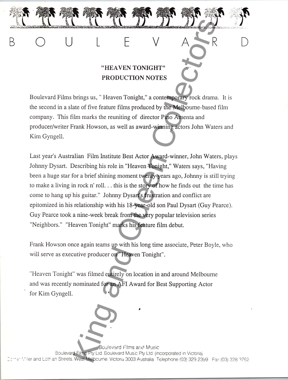 Boulevard Films Original Boulevard Films and Music Press Kit Information Sheet