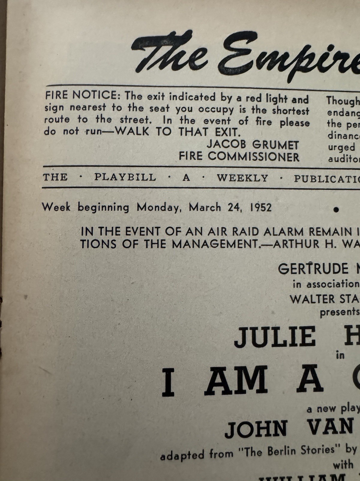 Vtg 1952 Playbill “I Am A Camera” The Empire Theatre Broadway New York