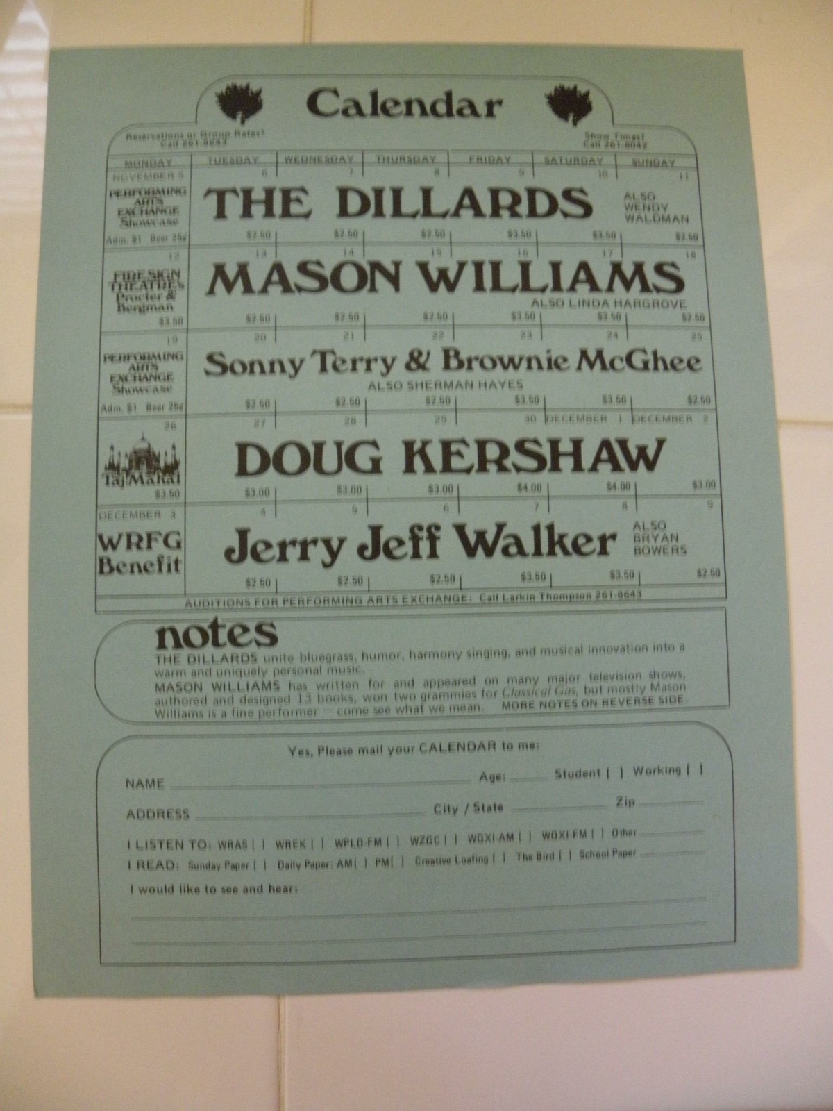 1973 Concert Flyer Sonny Terry Mason Williams Doug Kershaw Jerry Jeff Walker