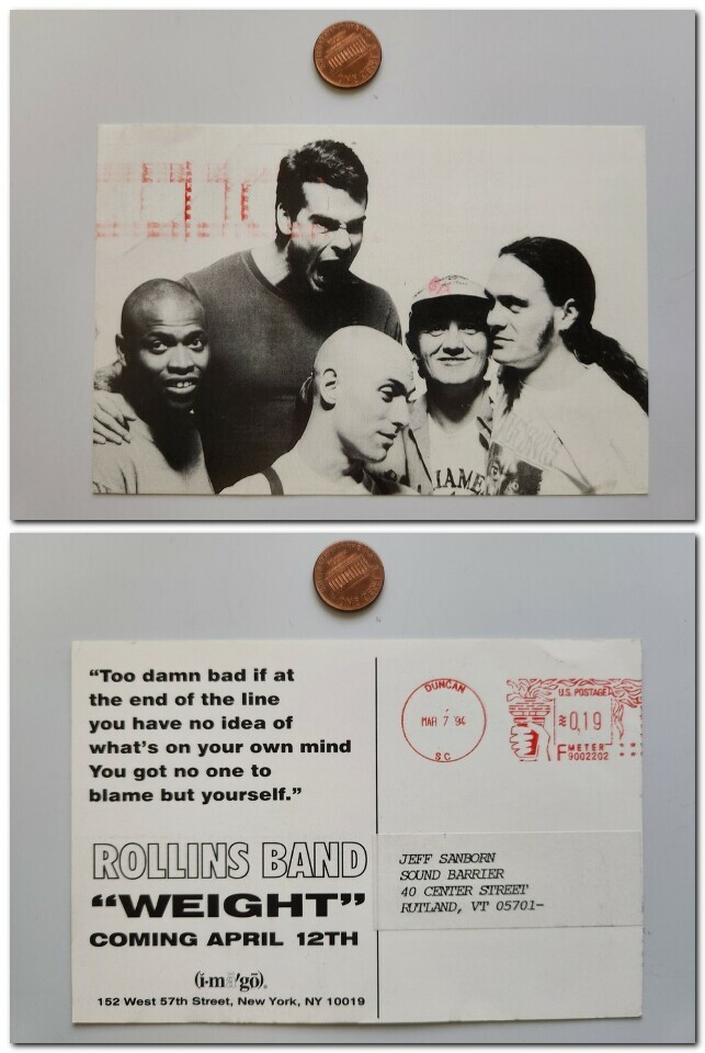 Rollins Band 1994 Weight Promotional Postcard Excellent Postmarked Black Flag
