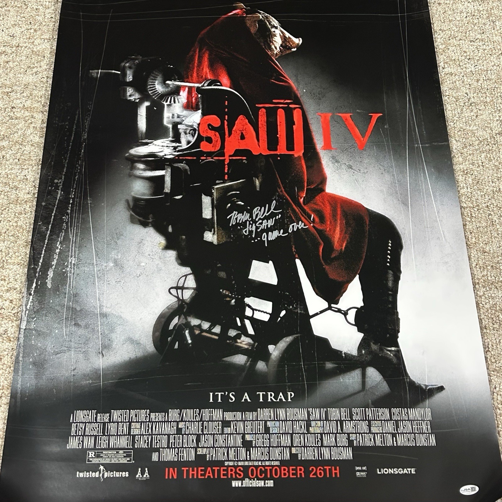 TOBIN BELL JIGSAW AUTOGRAPHED SIGNED SAW 4 POSTER EXACT PROOF JSA COA # CH29053