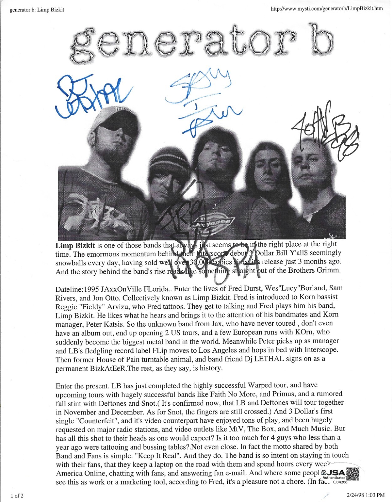 Limp Bizkit REAL hand SIGNED 1998 Paper Photo JSA COA Fred Durst Sam Rivers