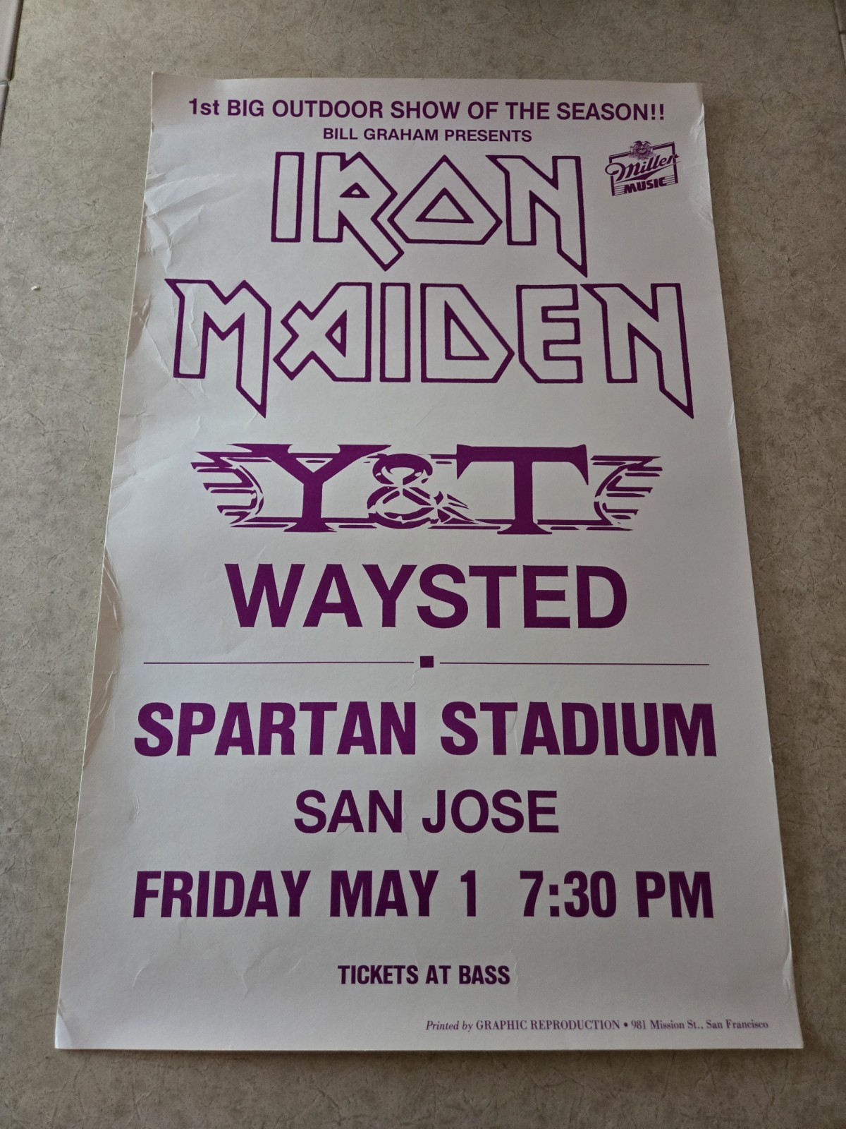 Iron Maiden Y&T Concert Poster 5/1/87 Somewhere In Time Tour