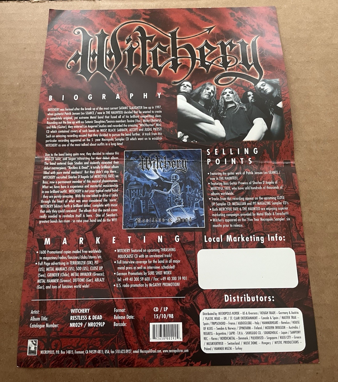 rare WITCHERY Restless & Dead promo flyer Necropolis Records KING DIAMOND metal