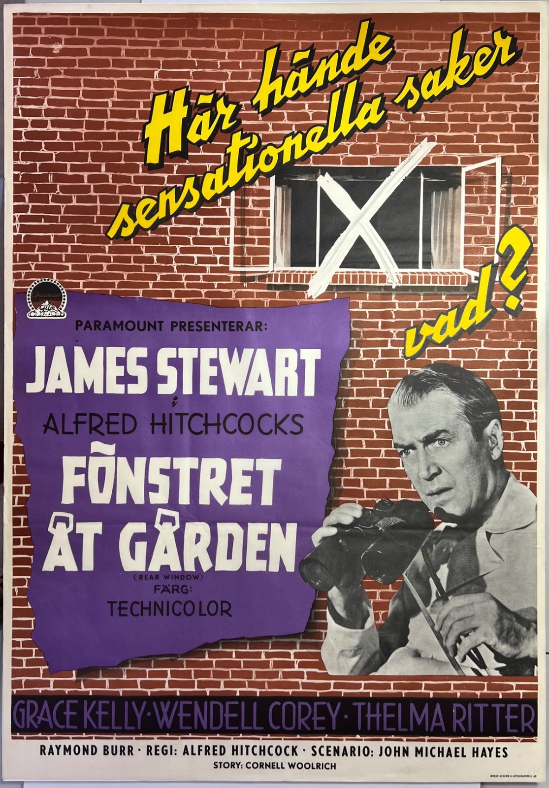 REAR WINDOW 1954 Hitchcock – SWEDISH 1-SHEET / Very Fine Condition
