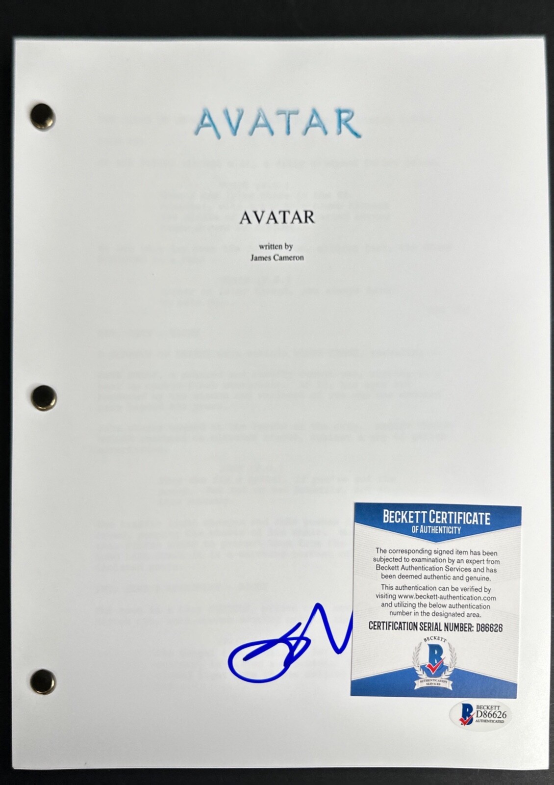 Joel David Moore Signed ‘Avatar’ Full Script BAS D86626
