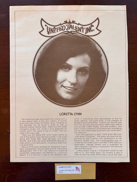 Vintage “United Talent, Inc.” Loretta Lynn Promo Brochure + Return Address Label