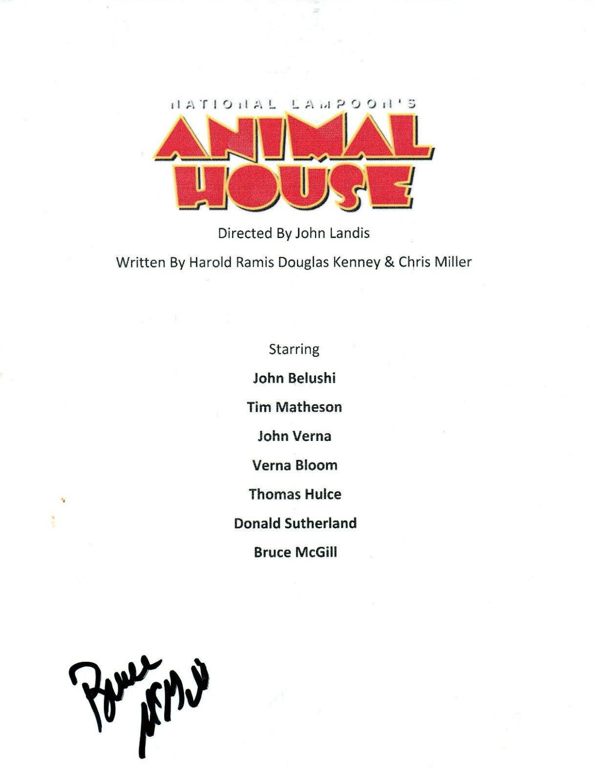 Bruce McGill Animal House Signed Autographed Script 8.5×11 Cover Sheet COA