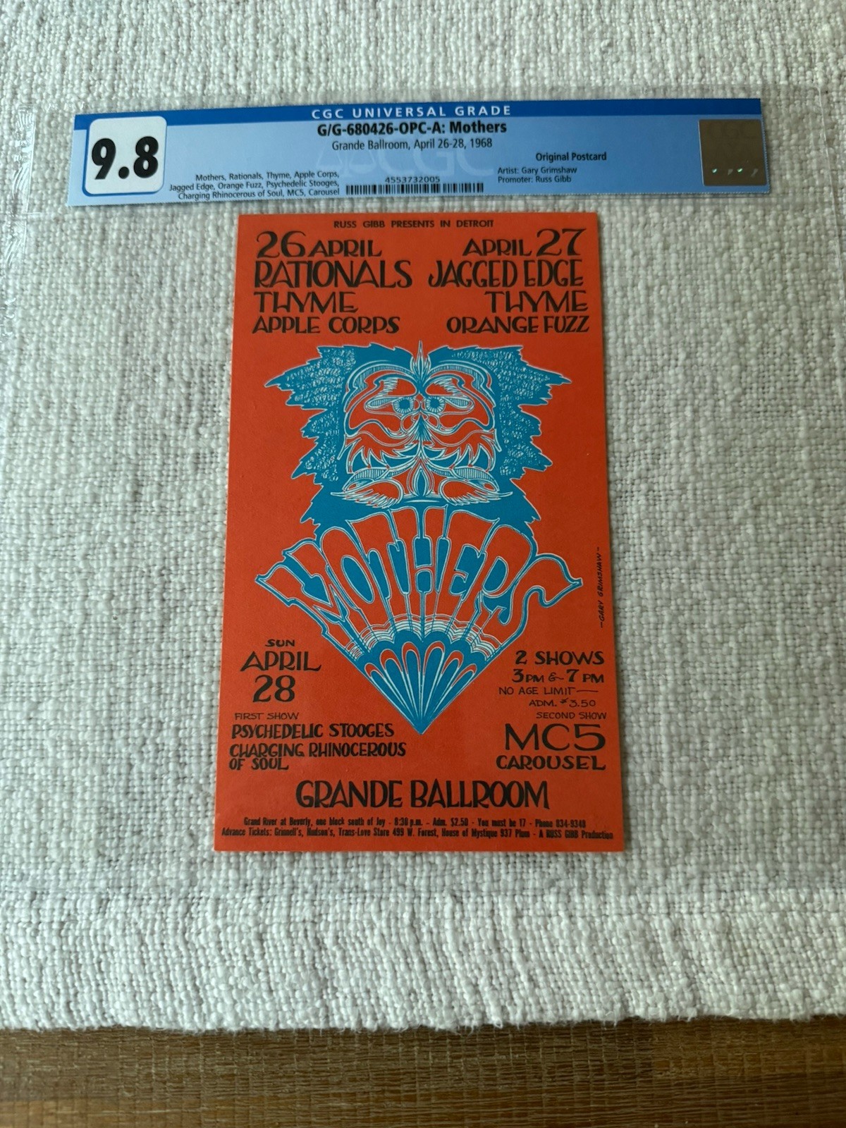 1968 MC5 Grande Ballroom Original Postcard CGC 9.8 Gary Grimshaw Mothers Stooges