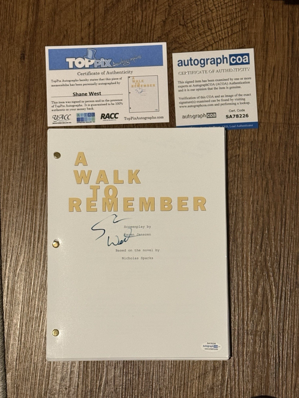 SHANE WEST SIGNED AUTOGRAPH A WALK TO REMEMBER FULL SCRIPT WITH COA