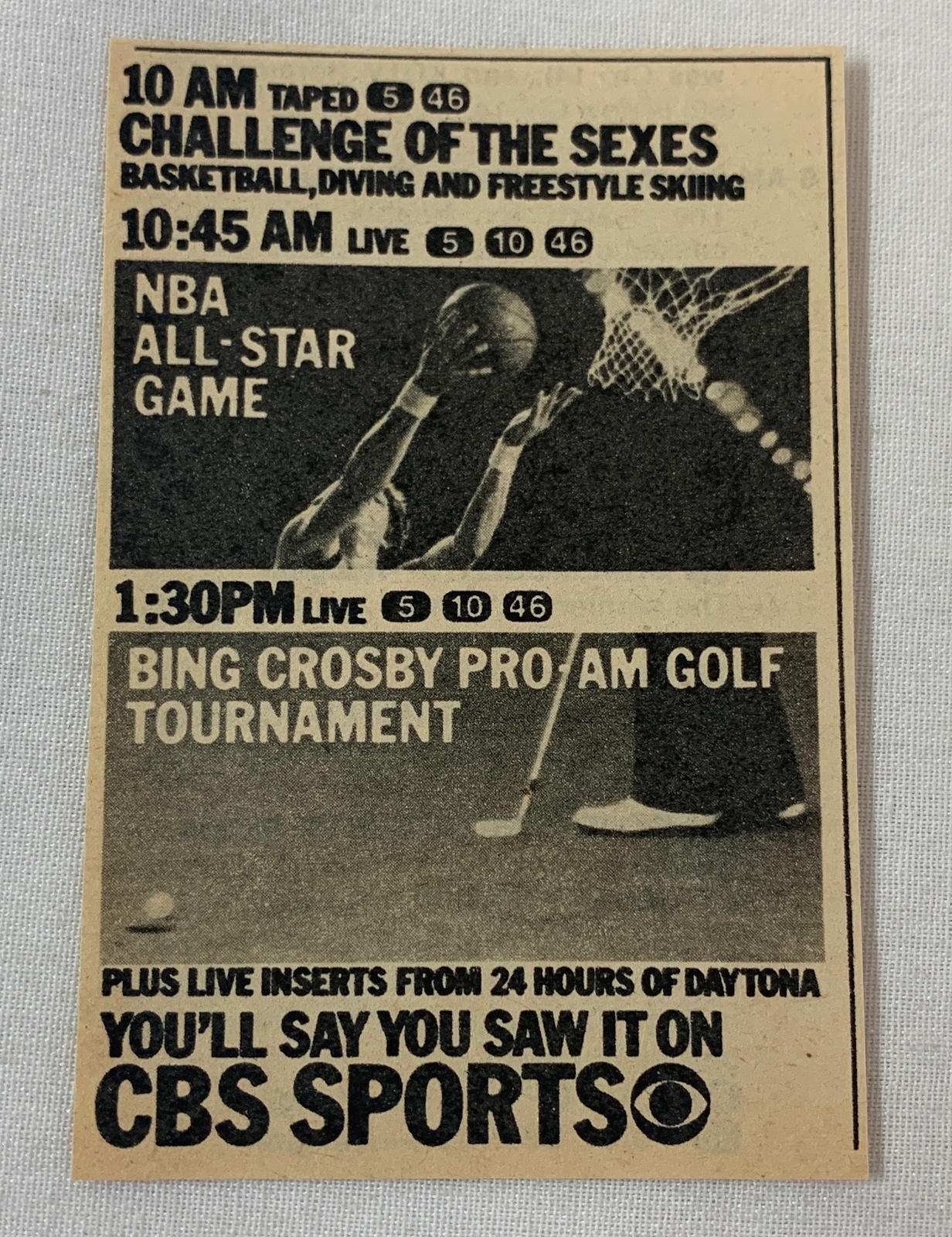 1979 small CBS tv ad~ NBA ALL-STAR GAME, Bing Crosby Pro-Am Golf Tournament