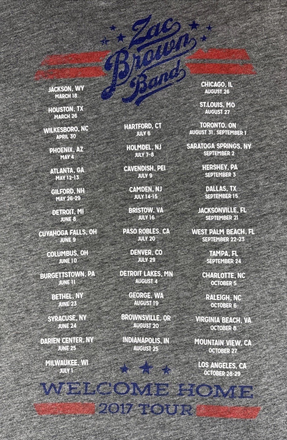 Zac Brown Band 2017 Welcome Home Tour Women’s Southern Ground T-Shirt Size L