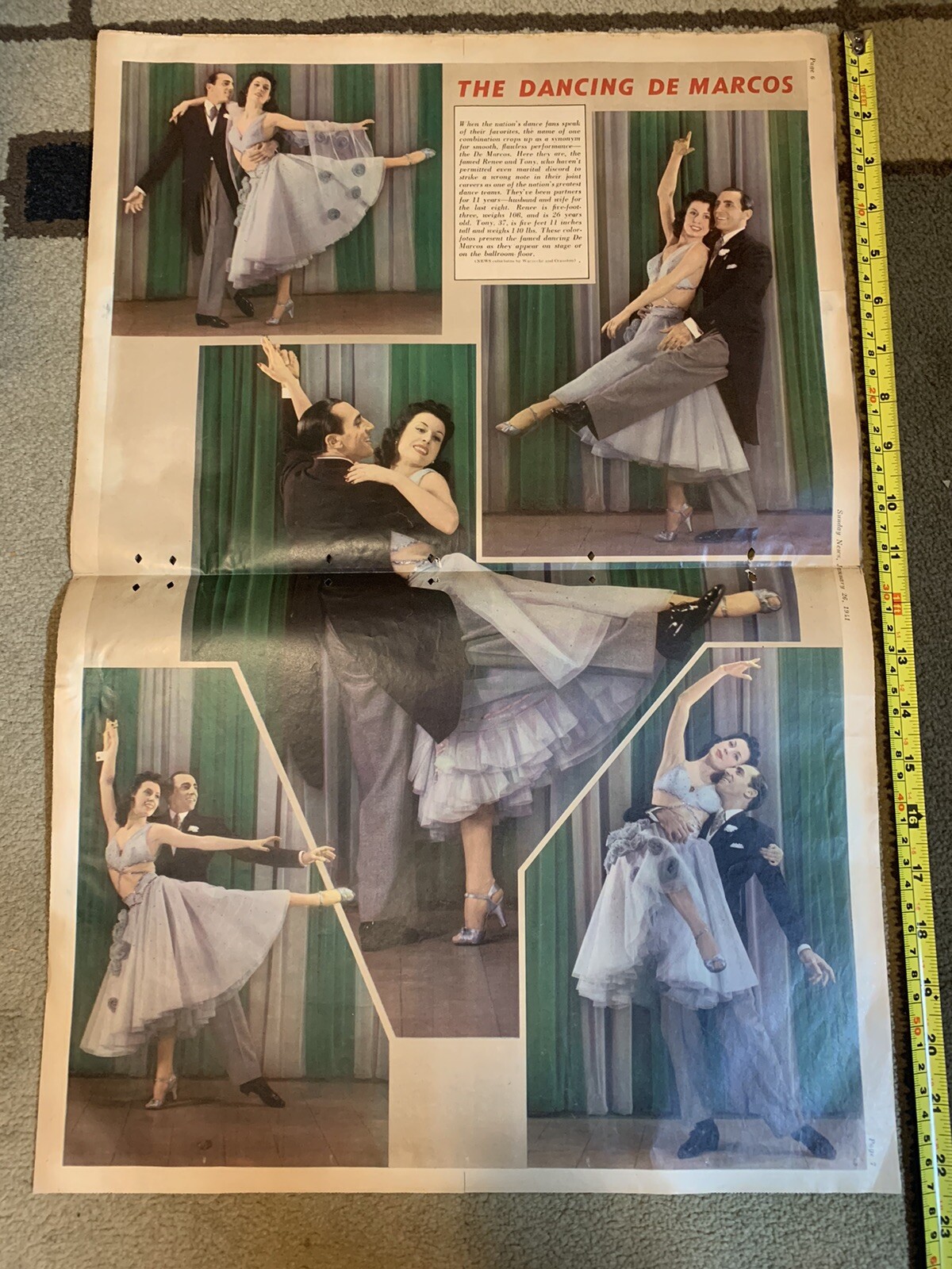 DANCING DE MARCOS original color portrait 22×15 SUNDAY NEWS 1/26/41 BALLROOM