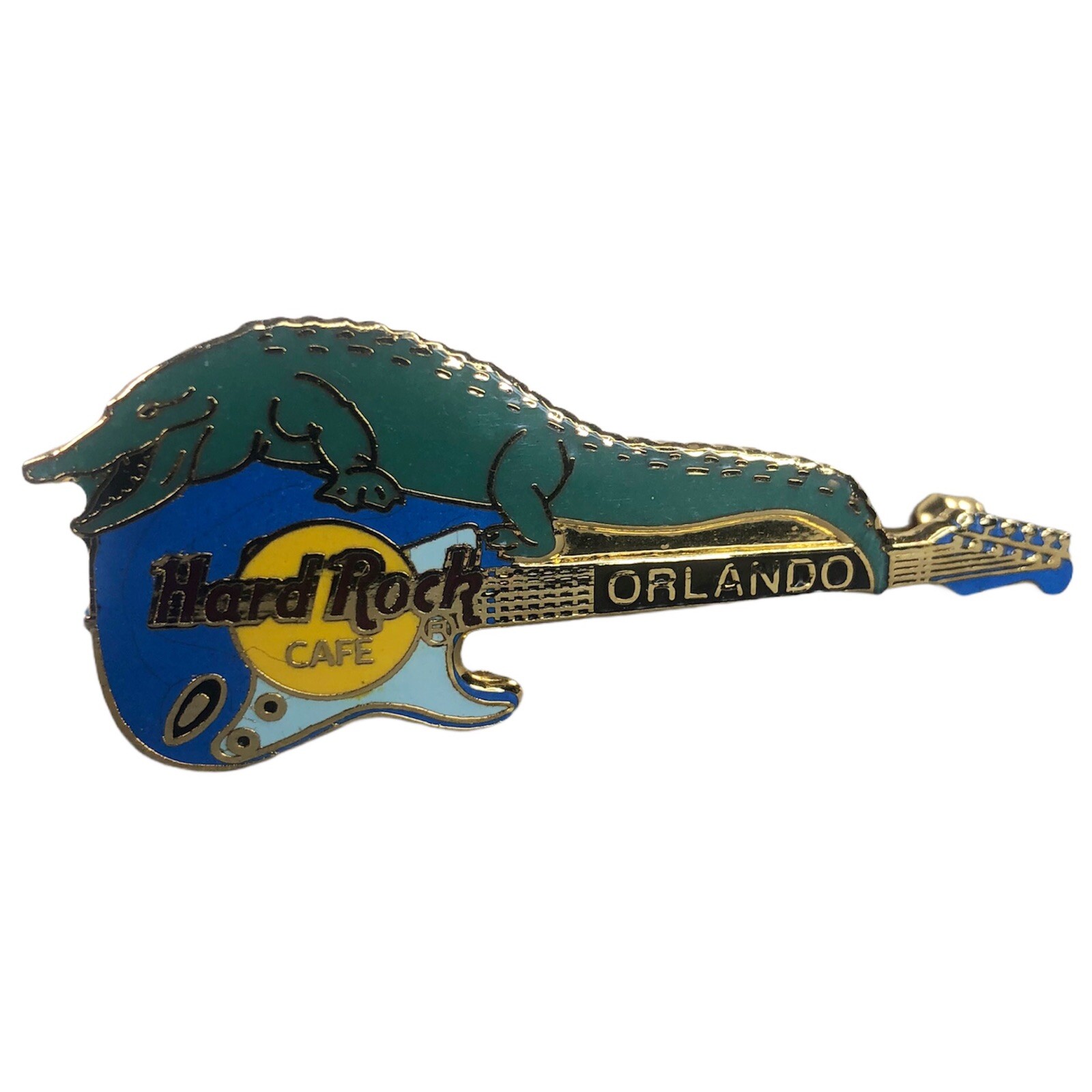Hard Rock Cafe Alligator Blue Guitar Pin Orlando Florida Gold Tone Logo 2LC HRC