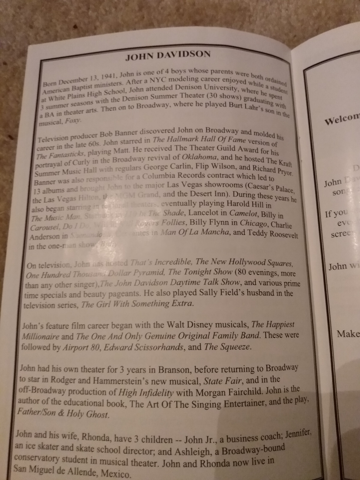 Singer John Davidson’s Autographed Program