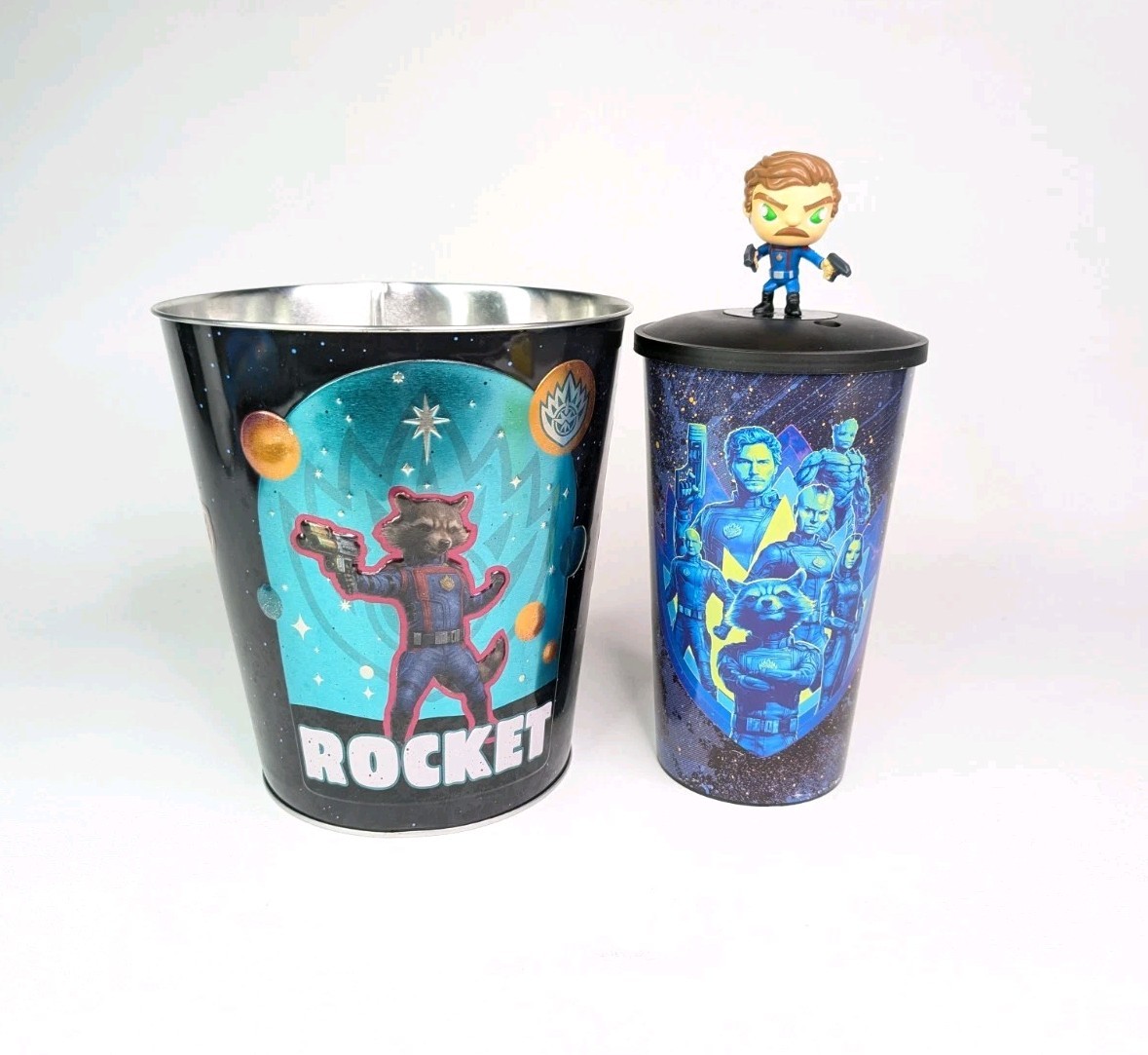 Guardians of the Galaxy Vol 3 Rocket Popcorn Bucket Tin & Star Lord Cup Topper