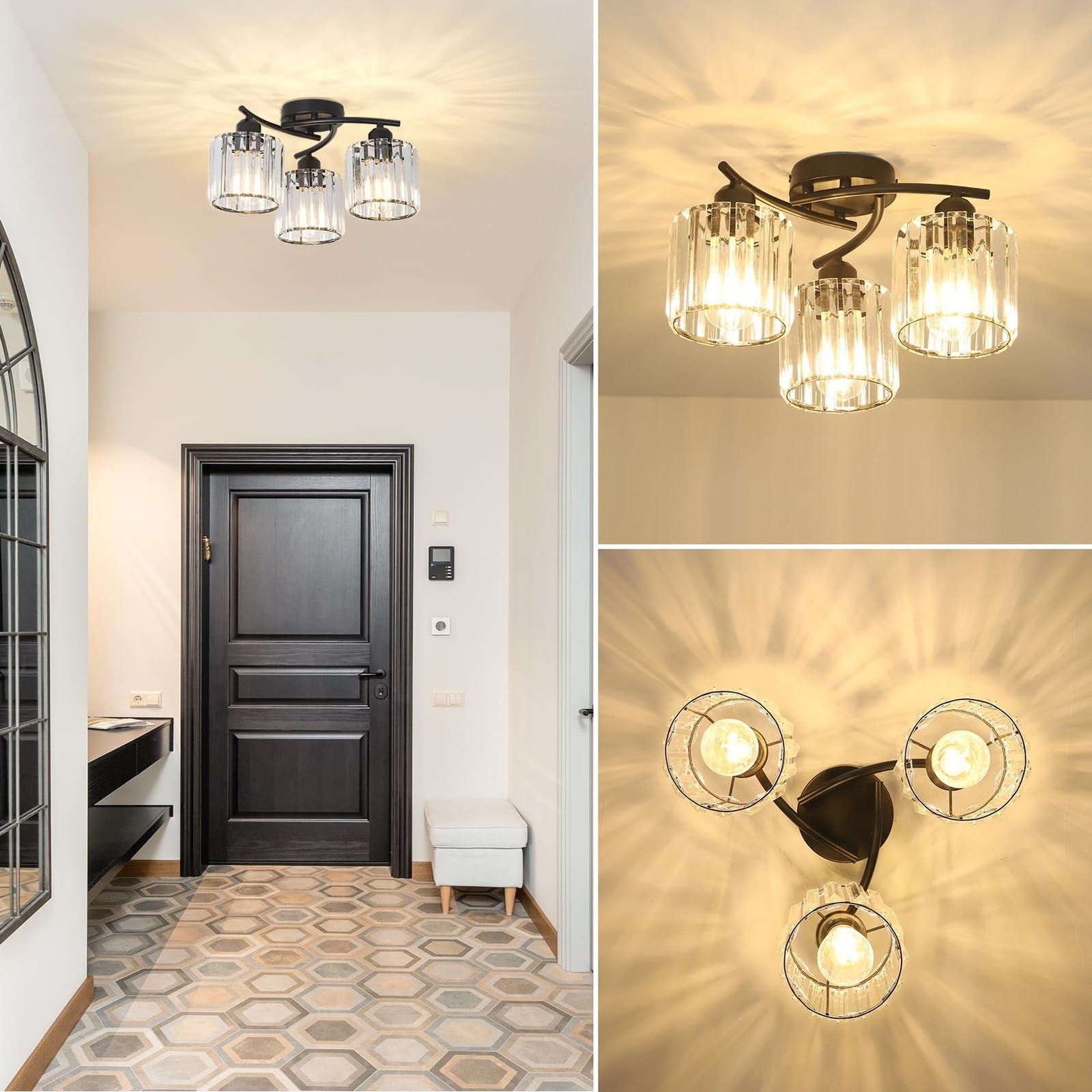 Crystal Semi Flush Mount Ceiling Light,3-Light Black Close to Ceiling Light F…