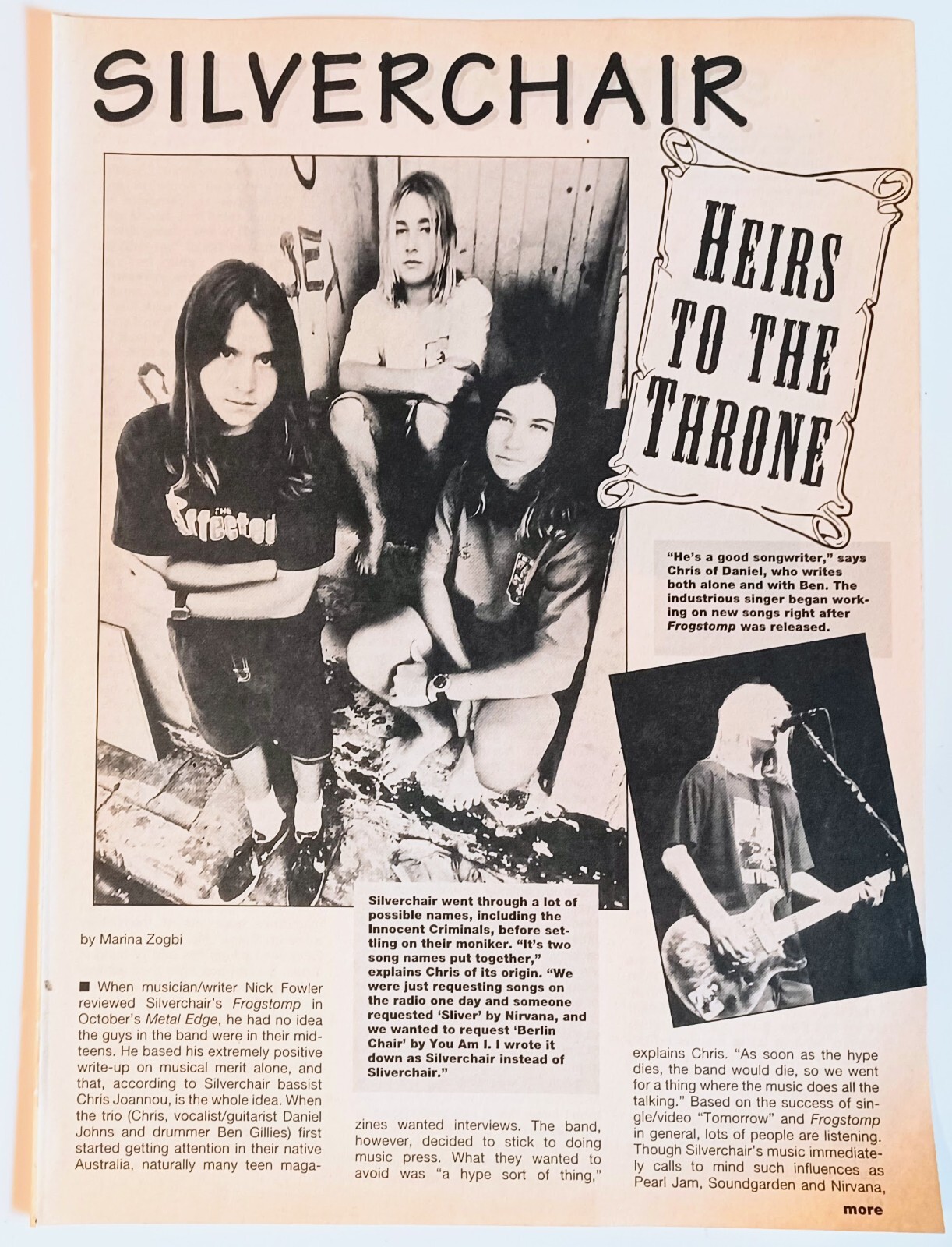 SILVERCHAIR~1996 POSTER~FULL PAGE MAGAZINE ARTICLE PINUP CLIPPING~DANIEL JOHNS