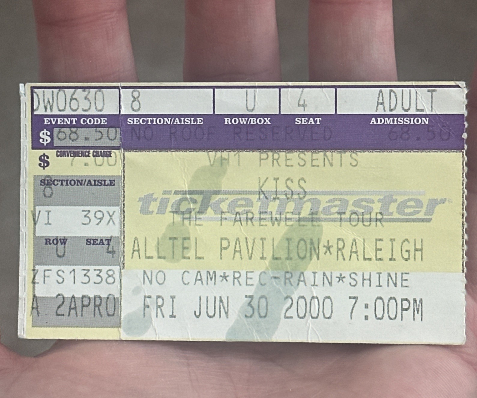 KISS Ticket Stub The Farewell Tour Jun 30 2000 Raleigh, NC VH1 Alltel Pavilion