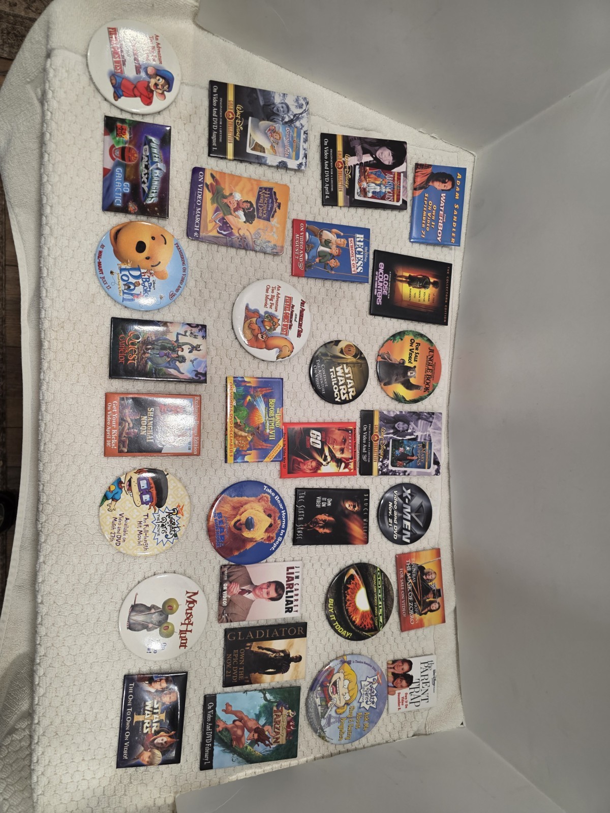 30 Vintage Movie Promotional Pins Disney Walmart Buttons VHS DVD Advertising Lot