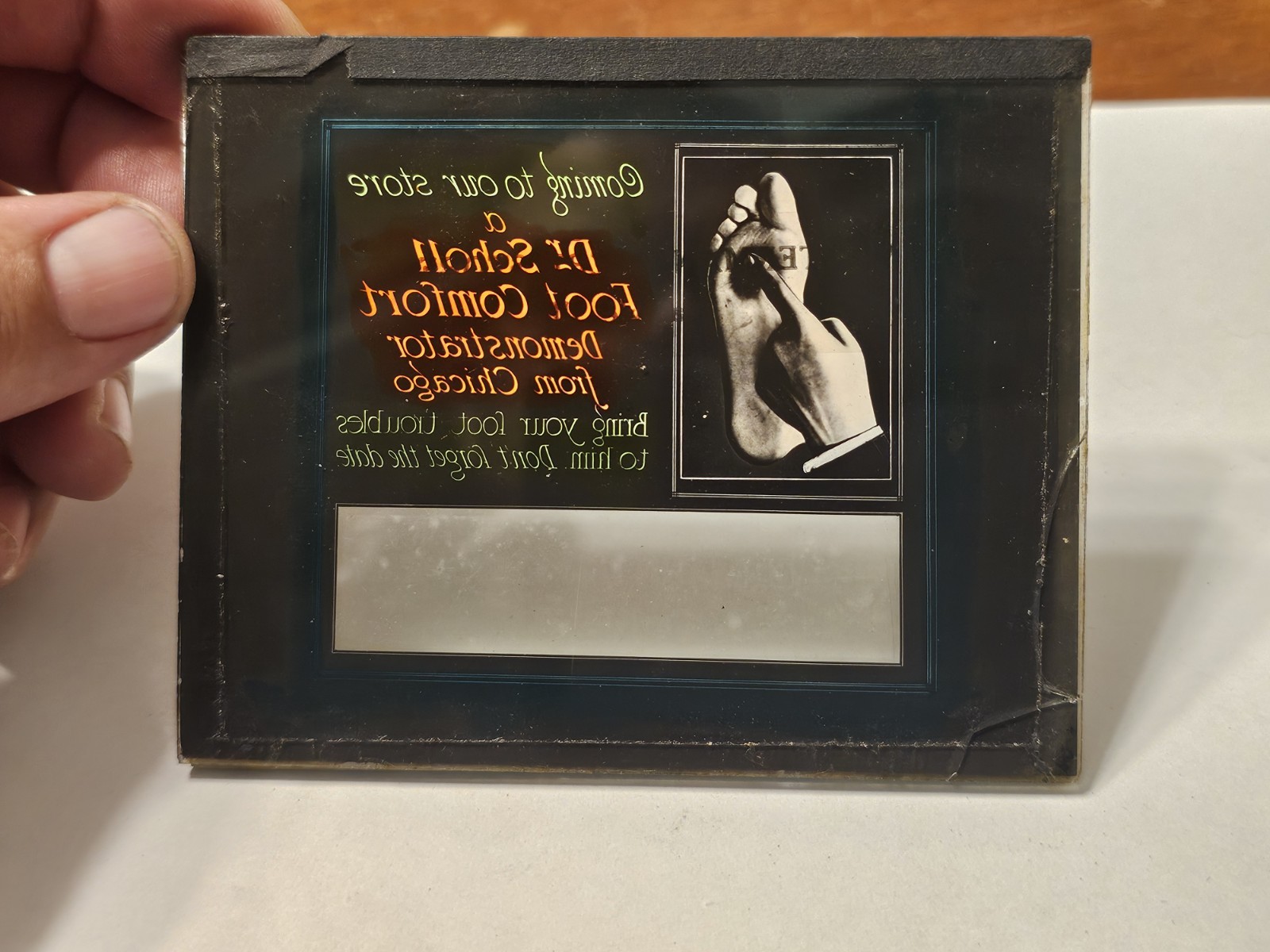 1920s MOVIE THEATER CINEMA GLASS SLIDE Dr Scholl Deptartment Store Advertisement