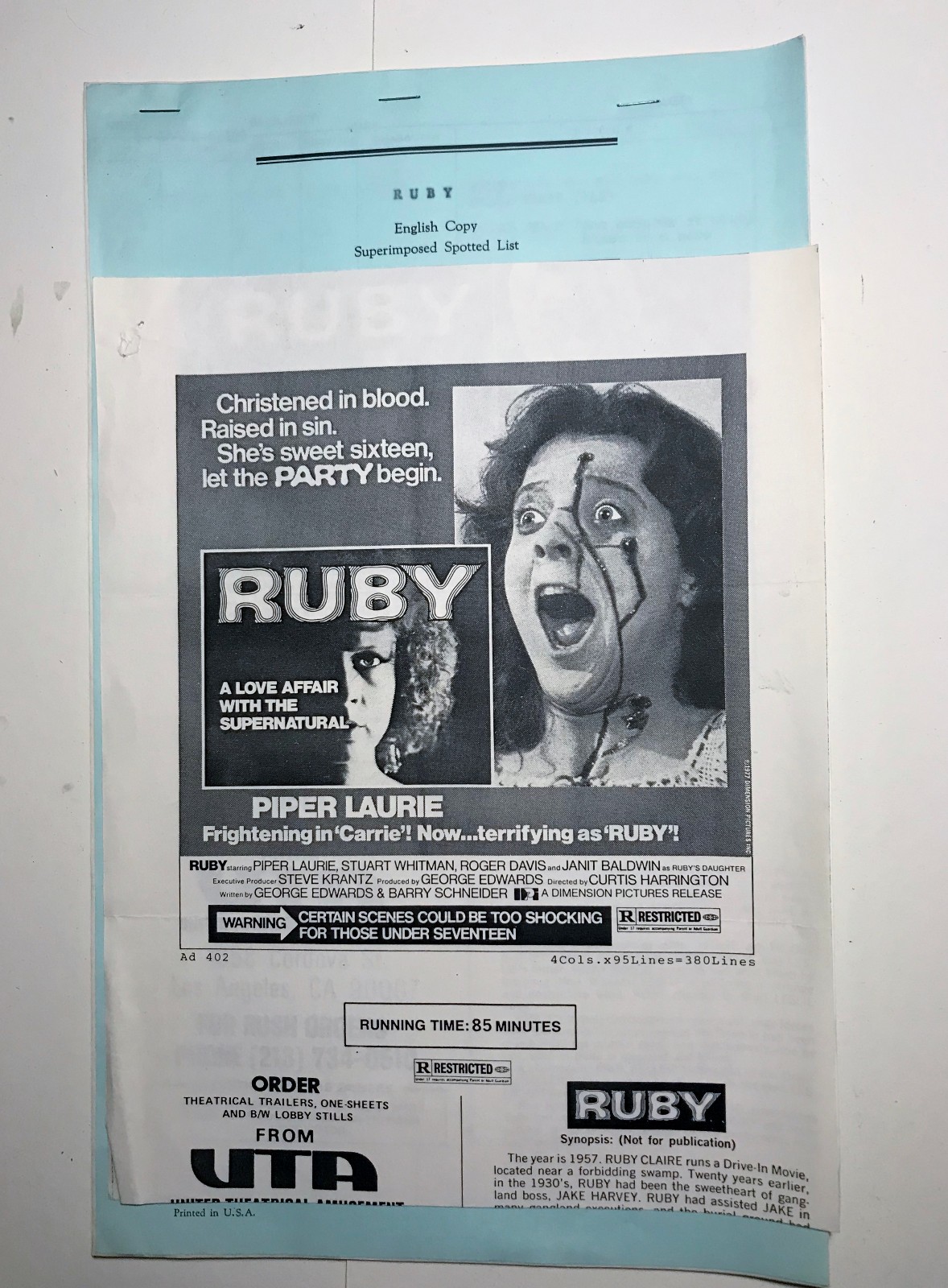 1979 Horror Movie RUBY Script & Superimposed Spotted List