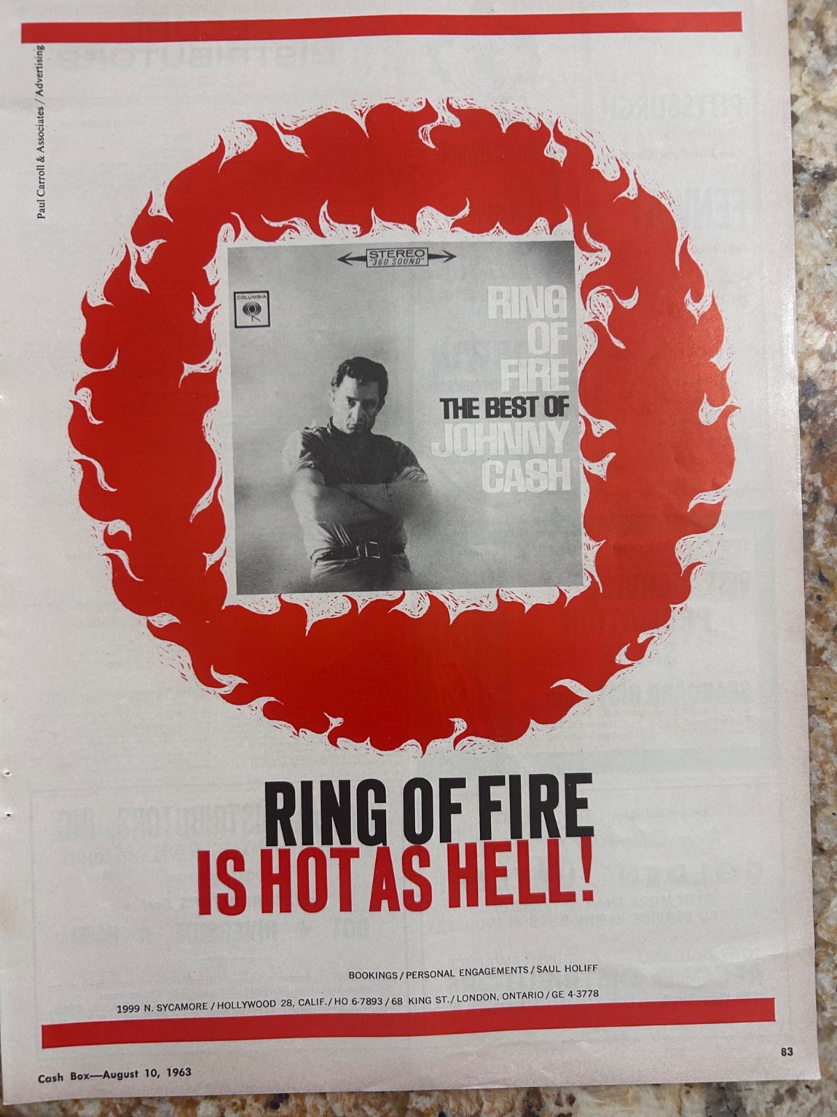 JOHNNY CASH 1963 Promo Display Ad 10 x14 ORIG RARE “HOT AS HELL” RING OF FIRE