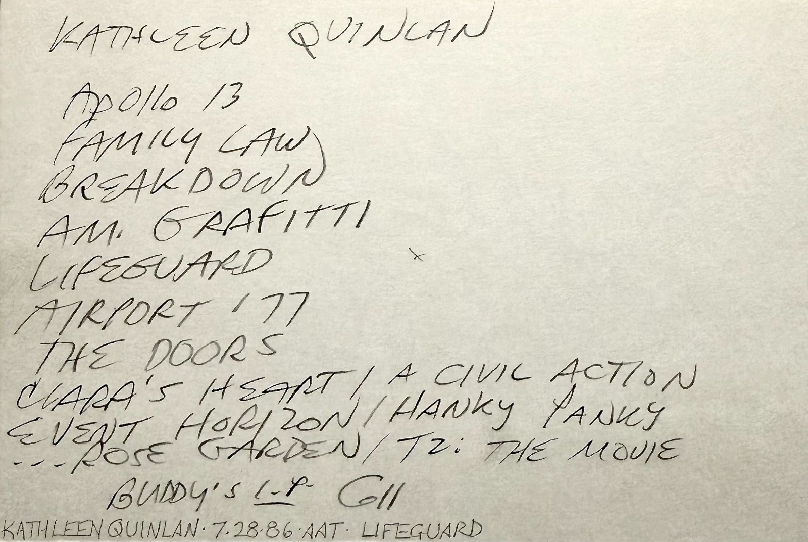KATHLEEN QUINLAN Signed Autographed 4″ x 6″ INDEX CARD Family Law Apollo 13 BLUE