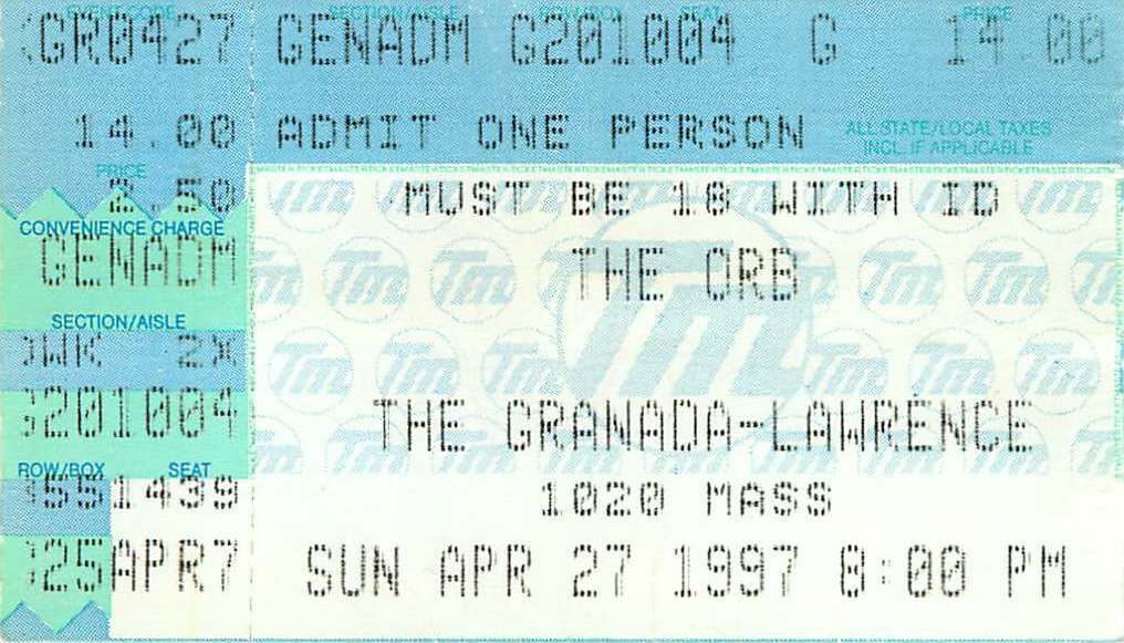 The Orb 1997 ticket stub Granada Theater Lawrence, Kansas concert Ticketmaster