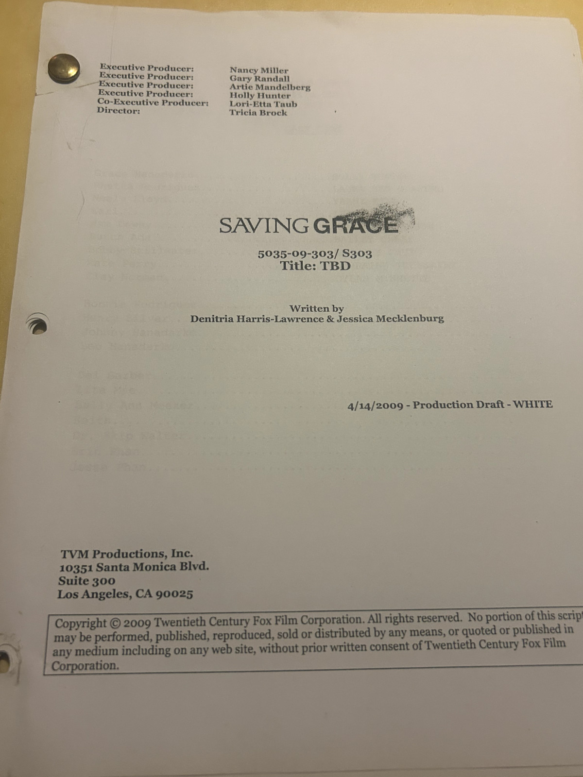 ORIGINAL SCRIPT SAVING GRACE TBD SIGGYBABY BURN HOLLY HUNTER LEON RIPPY