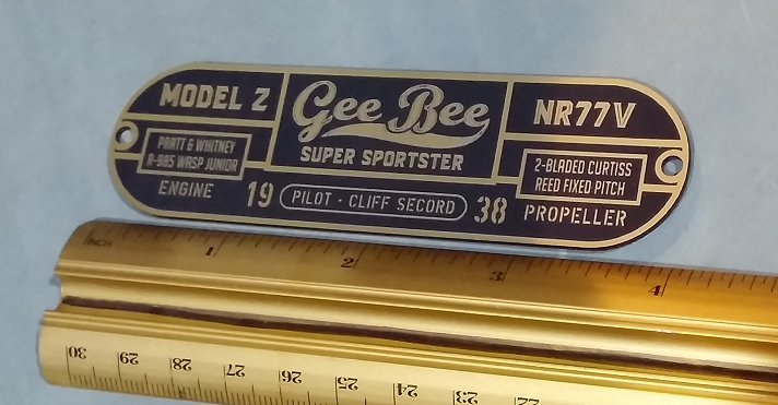 ROCKETEER GEE BEE SERIAL DATA PLATE PROP AIRPLANE Z AIR RACES