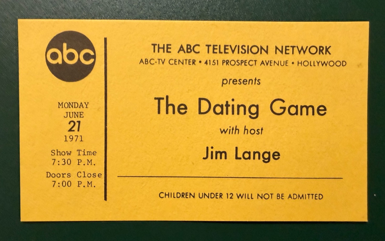 Vintage THE DATING GAME with host Jim Lange admission ticket for June 21, 1971
