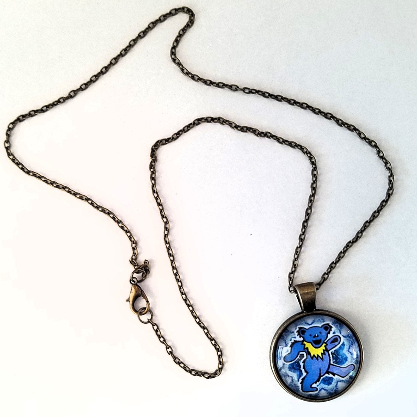 Grateful Dead Dancing Bear Necklace Antique Brass Chain & Glass Cabochon Charm