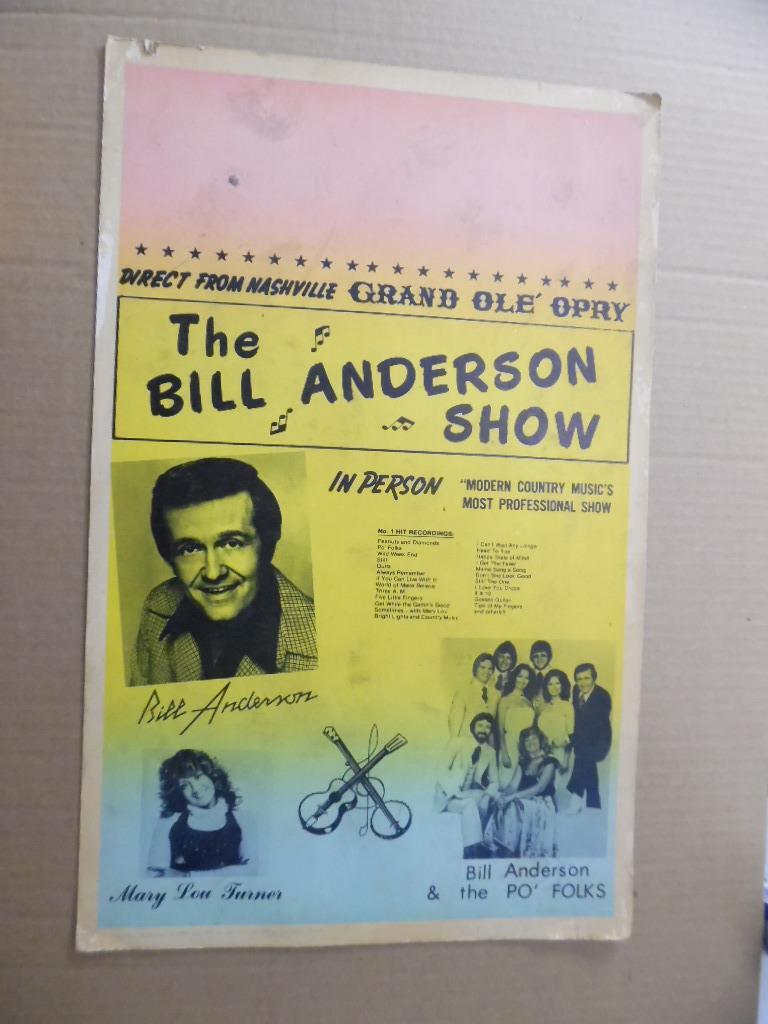 c.1976 The Bill Anderson Show Country Music Concert Window Card Poster Vintage