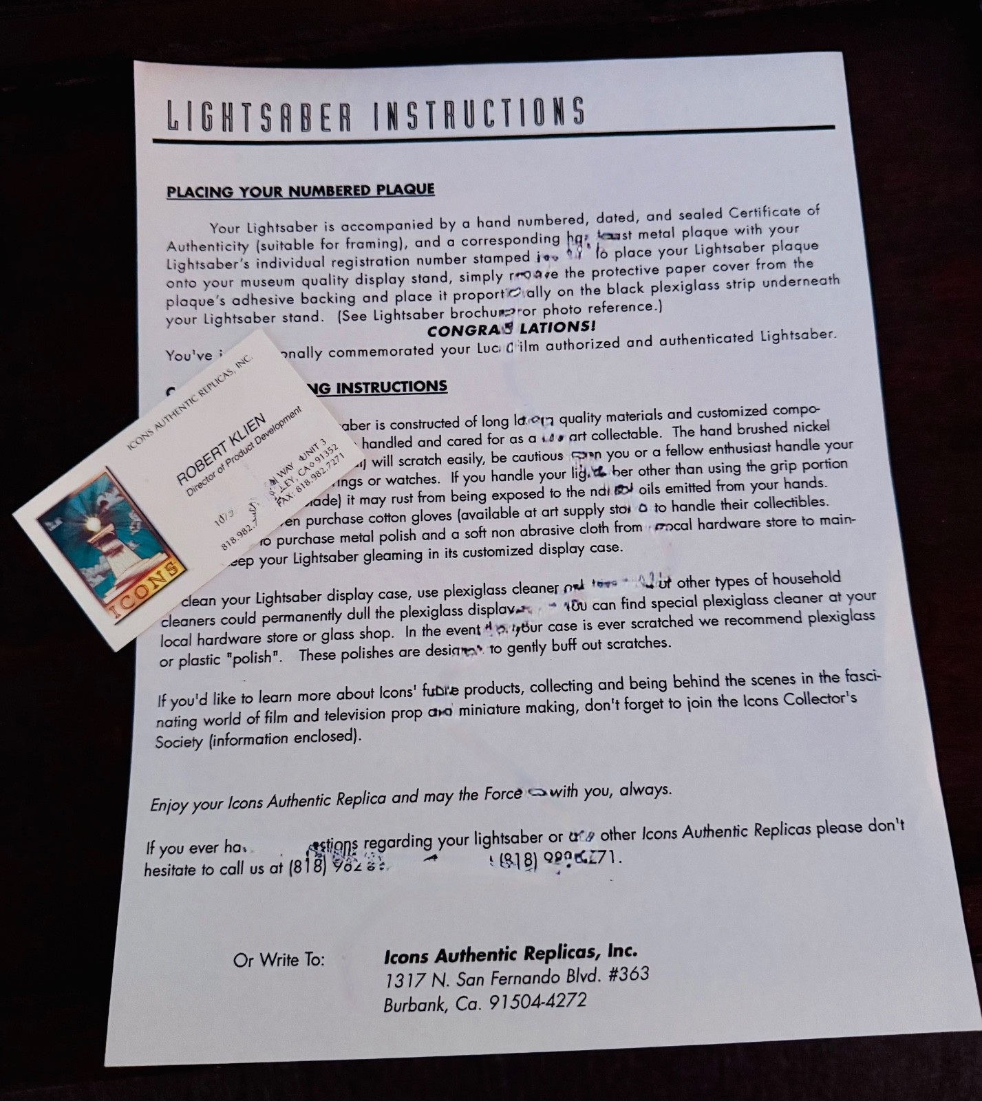 ICONS REPLICA STAR WARS LIGHTSABER CARE INSTRUCTIONS SHEET AND BUSINESS CARD!!!