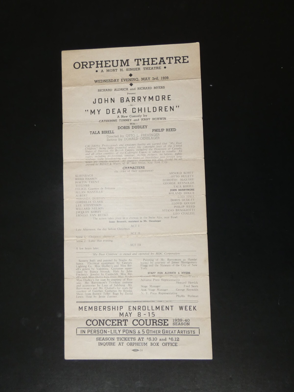 1939 Orpheum Theater Playbill Program, John Barrymore, My Dear Children