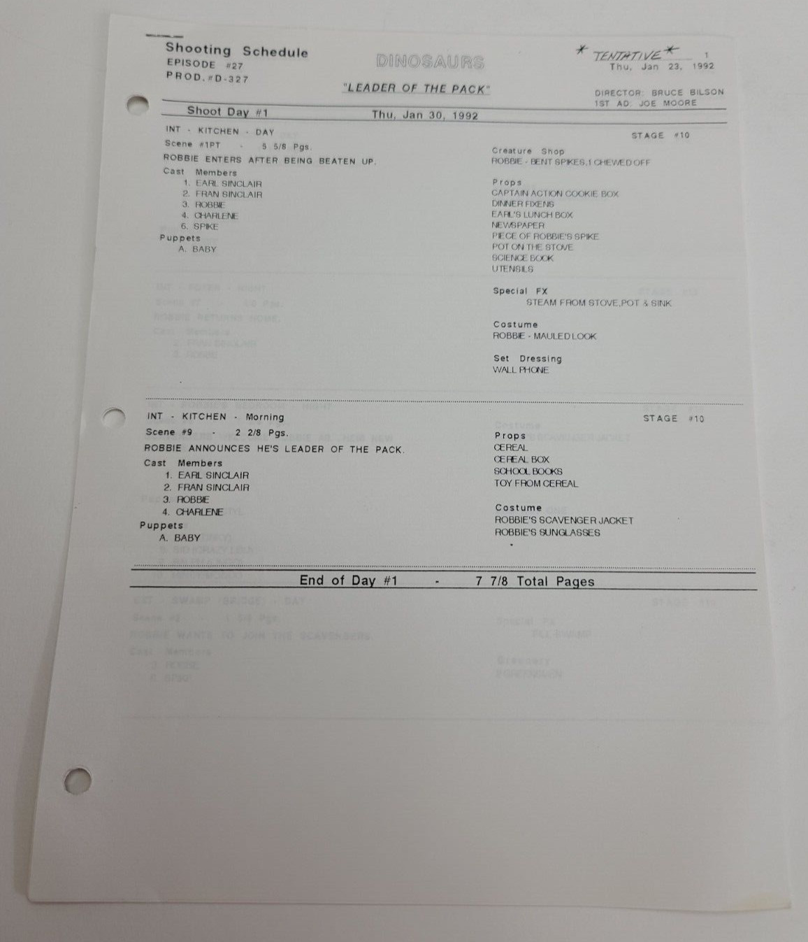 DINOSAURS / Kirk Thatcher 1992 TV Script Brian & Jim Henson “Leader of the Pack”