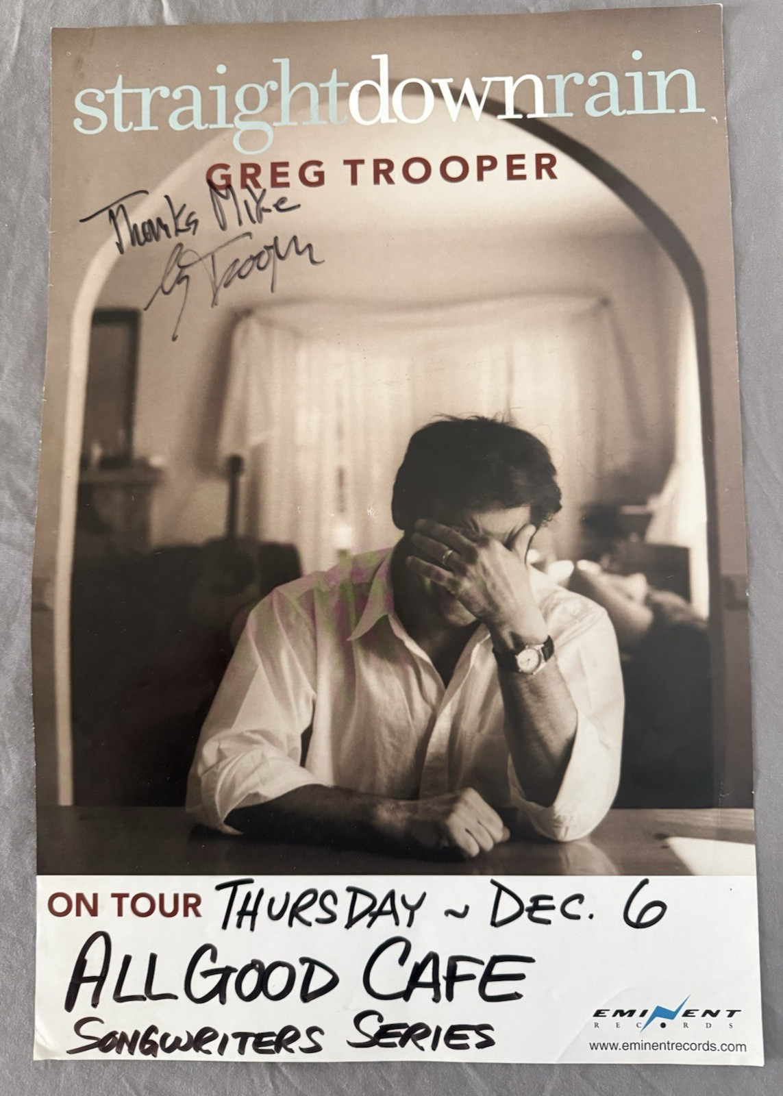 Greg Trooper 18×12 Show Poster Signed 12/06/2001 All Good Cafe Dallas SUPER RARE