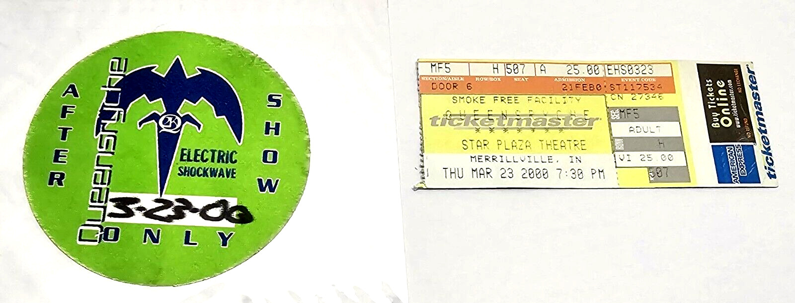 Queensryche Electric Shockwave Stub & Backstage Pass Star Plaza March 23, 2000