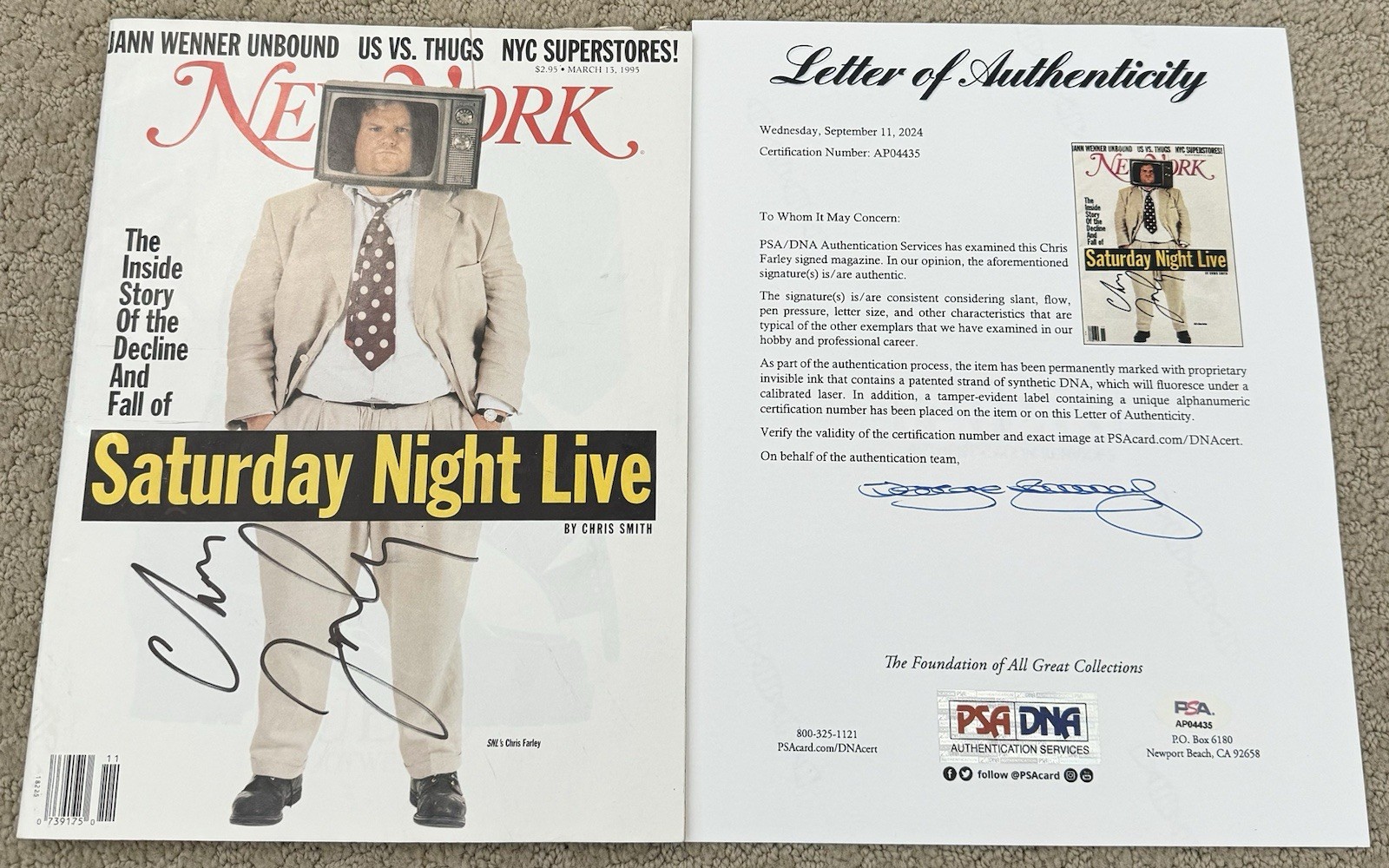Chris Farley Signed Autographed 1995 New York SNL Full Magazine PSA/DNA LOA Rare
