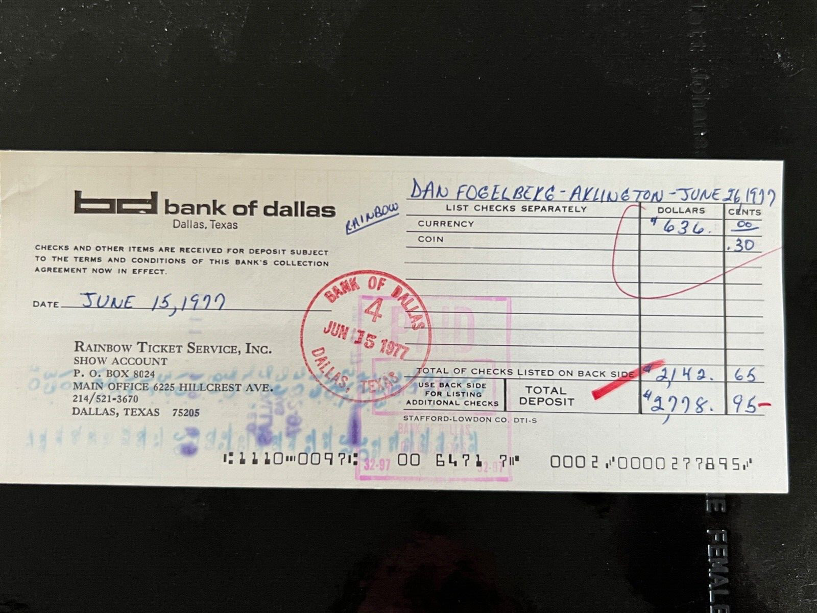 Dan Fogelberg Concert Ticket Sale Deposit Bank Dallas June 26 1977 Arlington Rbw