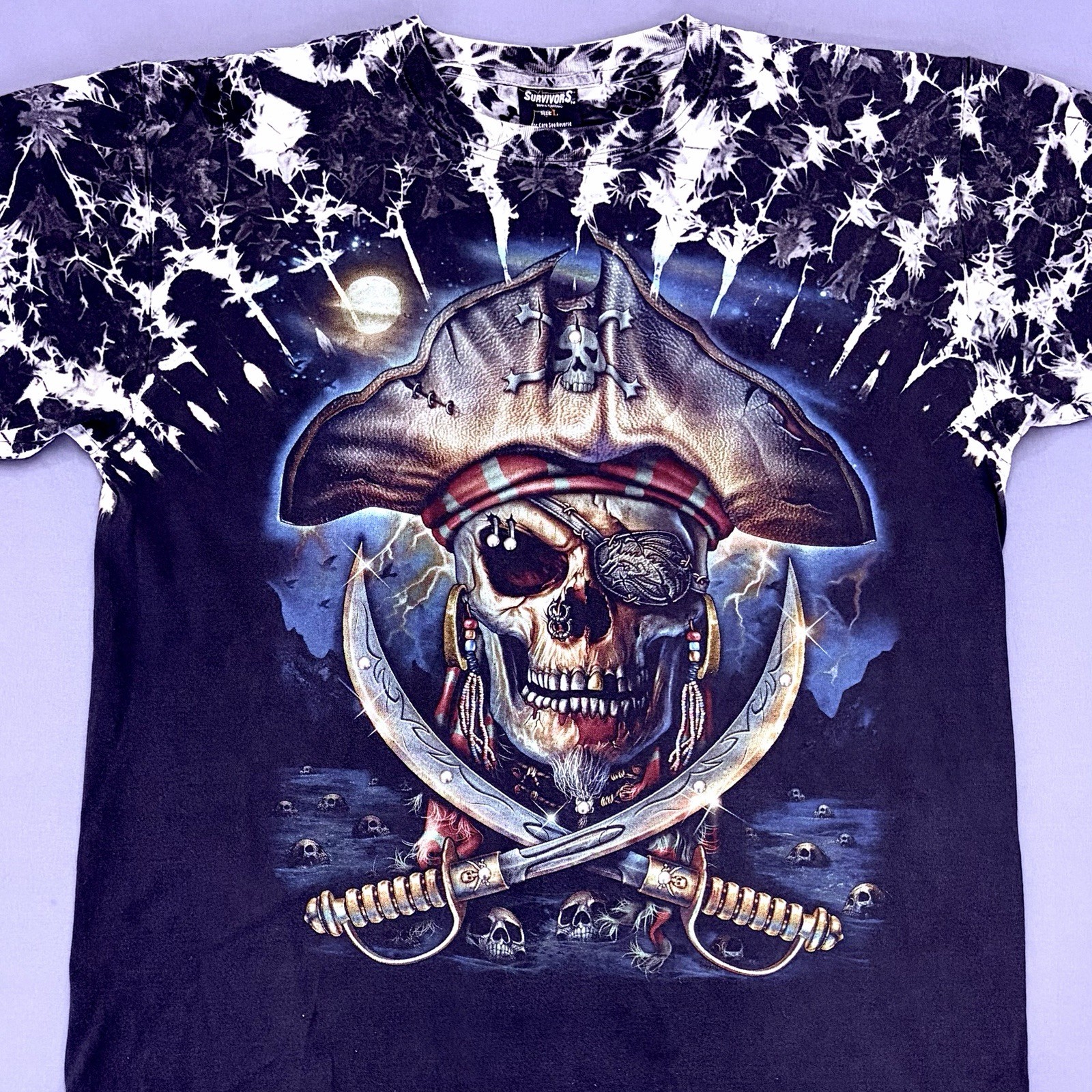 Pirate Skull Cross Swords Large T-Shirt Tie Dye Eye Patch Tee Men’s Black