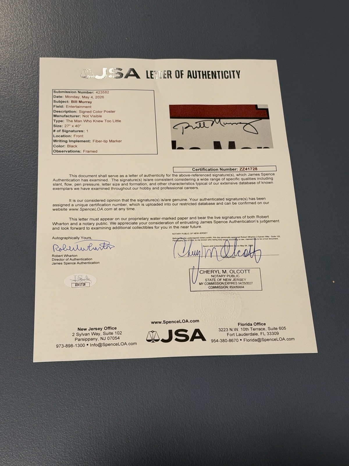 Bill Murray SIGNED autographed The Man Who Knew Too Little 27×40 Movie JSA COA